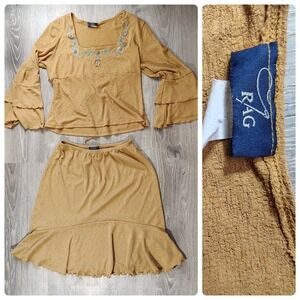 Y2K‎ Boho Knit 2-Piece Set RAG Tan Embroidered Top Ruffle Skirt Cottage No Size